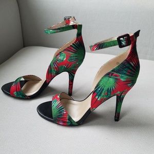 C. Label floral stiletto with ankle strap